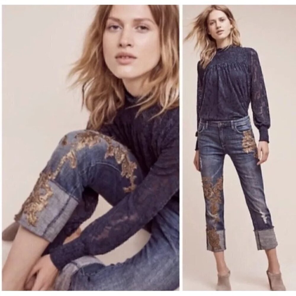 Pilcro Hyphen gold sequin cropped jeans size 26